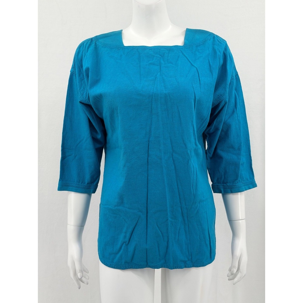 Color Me Cotton Top Womens Small Blue Tunic Beachy 3/4 Sleeve Lagenlook Boho USA